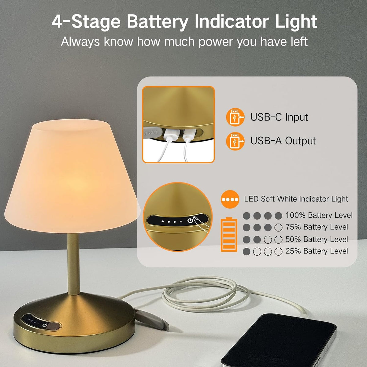 OUTON Rechargeable Cordless Waterproof Shower & Table Lamp with USB Output, Touch Dimming, 3 Colors, Power Indicator & Memory Function, LED Desk Lamp, Battery Operated Light for Indoor & Outdoor, Gold