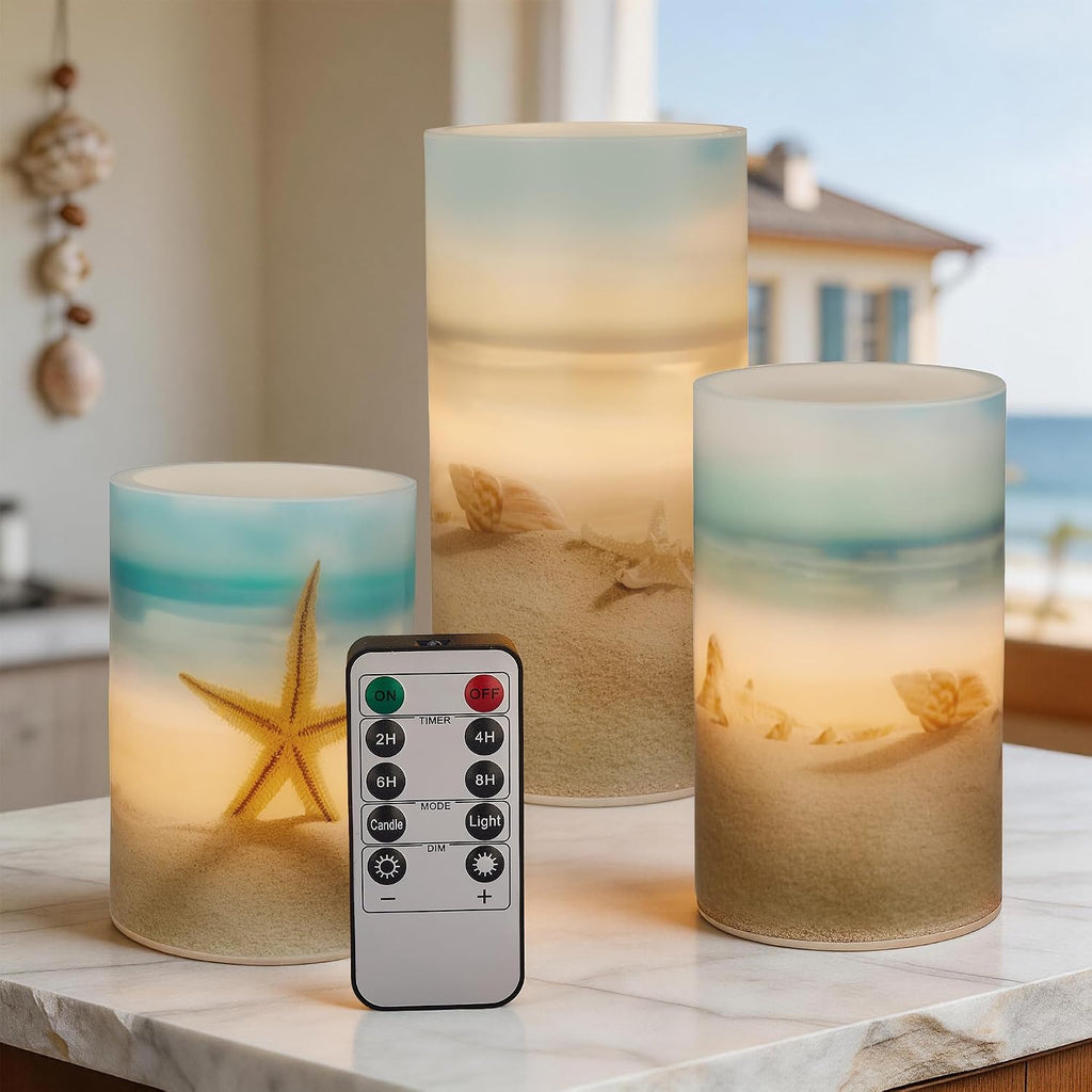 Beach Coastal Ocean Decor Seashell & Starfish Battery Flameless LED Candles
