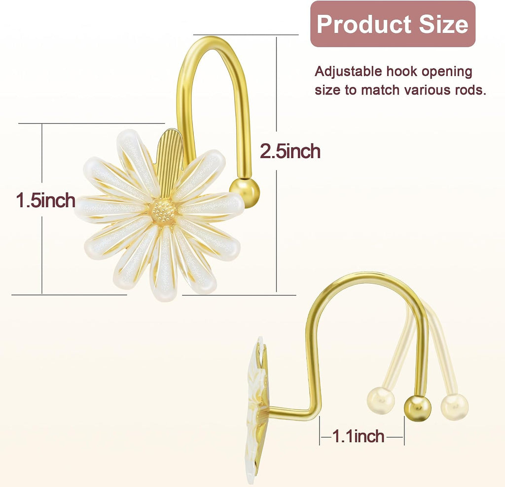 Shower Curtain Hooks, Rust Resistant Cute Daisy Metal Decorative Shower Rings Hangers Set of 12 for Bathroom Curtains,Clothing, Towels (Gold White)