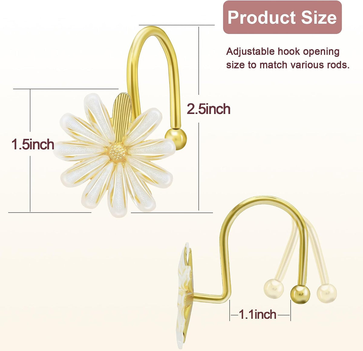 Shower Curtain Hooks, Rust Resistant Cute Daisy Metal Decorative Shower Rings Hangers Set of 12 for Bathroom Curtains,Clothing, Towels (Gold White)