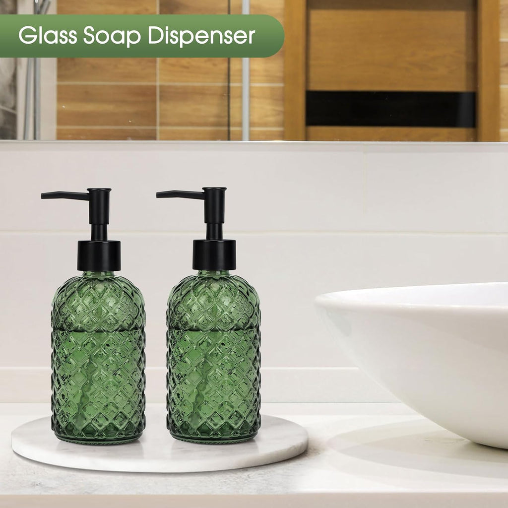 2 Pack Gem Glass Soap Dispenser with Black Plastic Pump, 13oz Liquid Hand Soap Dispenser, Rustproof Pump for Kitchen & Bathroom, Great for Lotions, Essential Oil, Liquid Soaps-Army Green