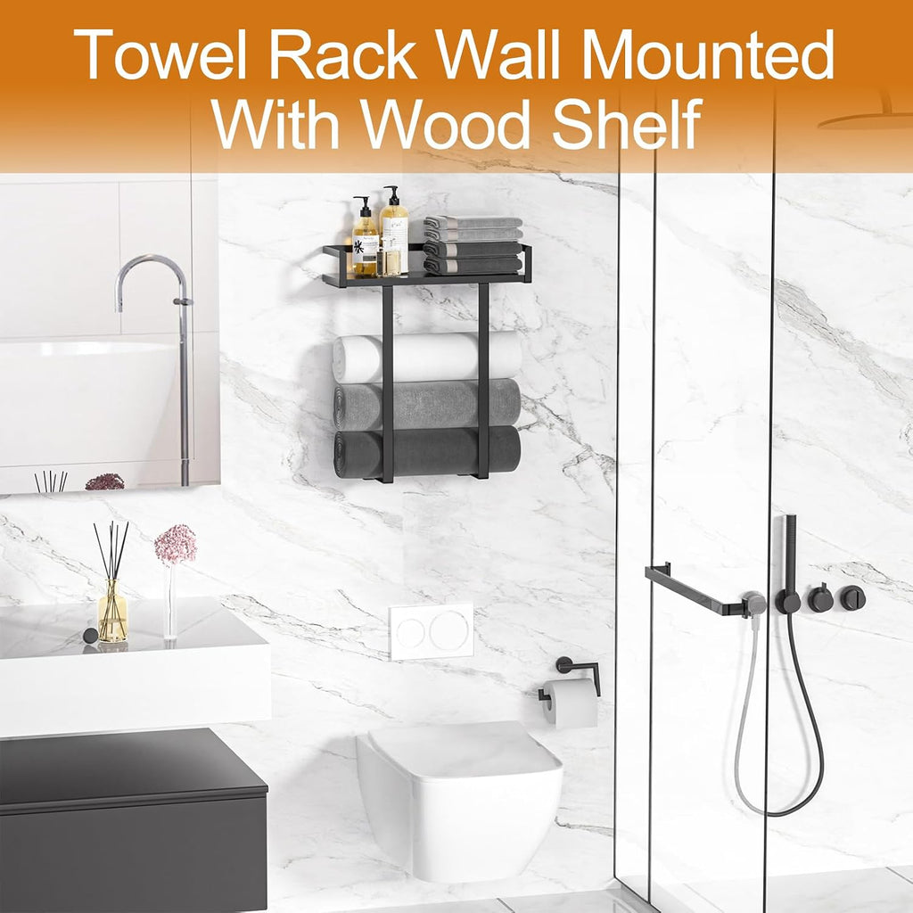 Towel Racks for Bathroom Wall Mounted, Xstydes Metal Towel Holder with Wooden Shelf for Folding Large Towels, Towel Storage for Small Bathroom Organizer Decor or RV Camping, Black