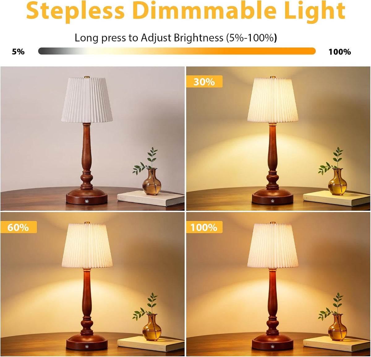 15.5'' Cordless Table Lamp, 5400mAh Rechargeable Small Bedside Lamp, White