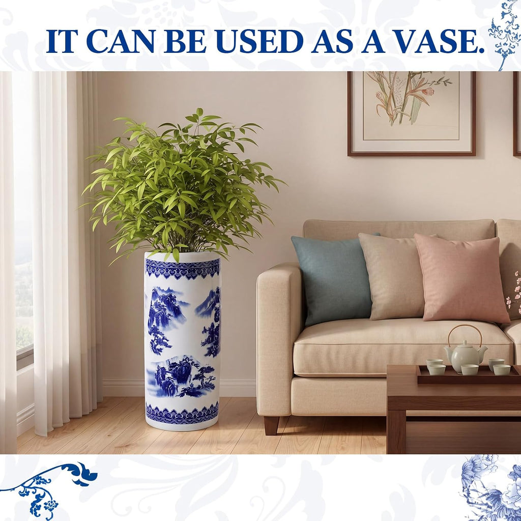 Sawysine Blue White Ceramic Umbrella Stand with Landscape Design