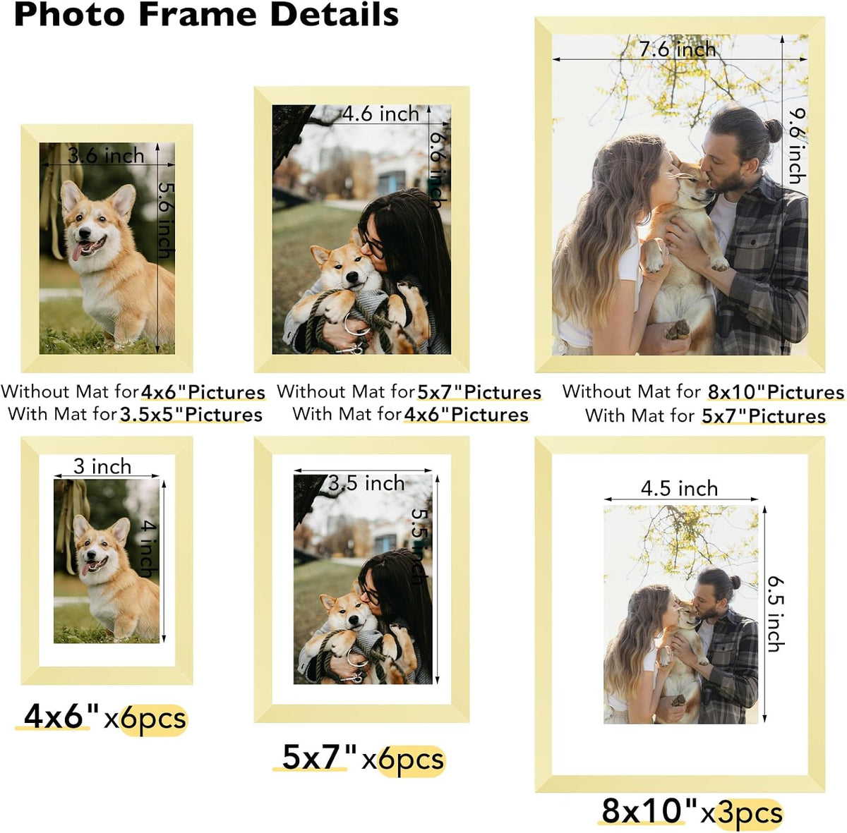 JCJMY 15 Pack Picture Frames Collage Wall Decor for Wall Hanging or Tabletop, Gallery Wall Frame Set for Family, Multi Sizes Photo Frames Collage Including 3Pcs 8x10, 6Pcs 5x7, 6Pcs 4x6, Gold