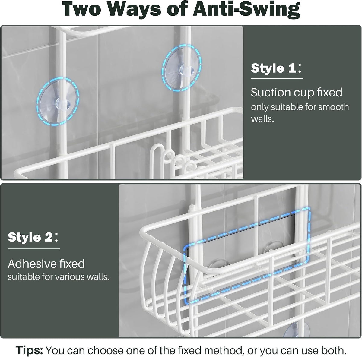Epicano Shower Caddy Hanging Over Head, White,Stainless Steel