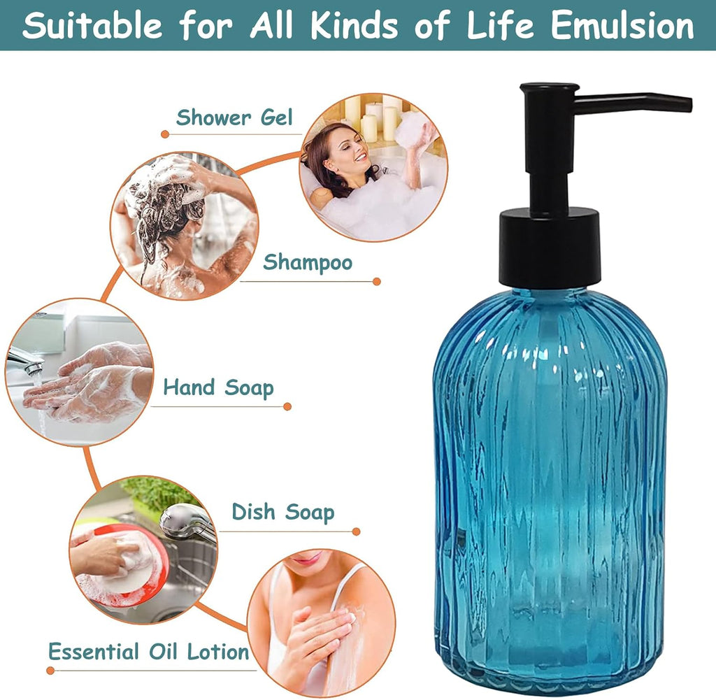 YYTSGG Blue Glass Soap Dispenser Set with Black Pump, 13.5oz