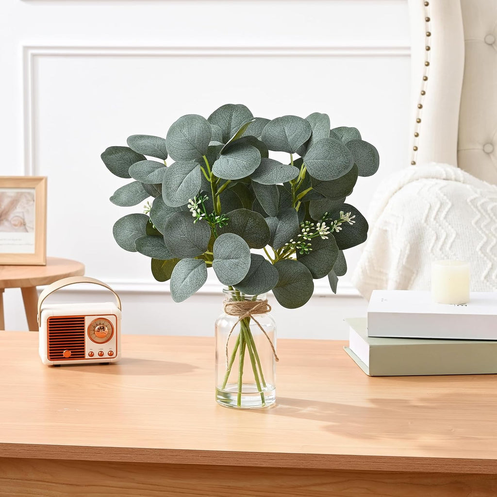 Artificial Eucalyptus Stems In Glass Vase, Fake Plants with Faux Water