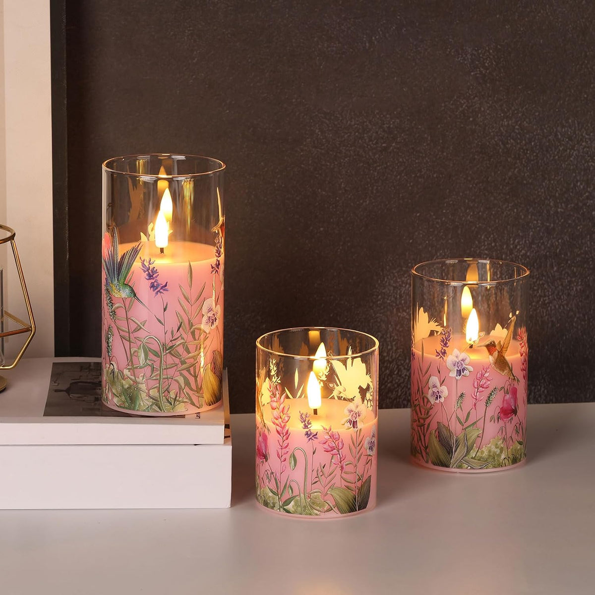 Pink Hummingbird Floral Glass LED Candles with Remote Set of 3