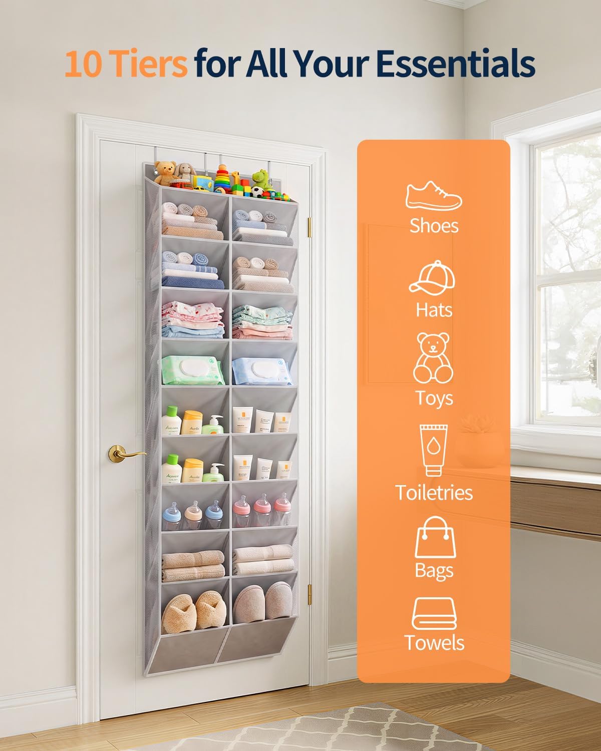 Yecaye 10 Tier Widen Over the Door Shoe Organizer for 20-30 Pairs, Grey