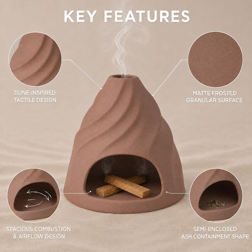 Palo Santo Holder, Ceramic Dune-Inspired Tactile Burner with Felt Pad and Fan Brush, Multi-Use Incense Holder for Palo Santo Sticks and Smudge Sage, Meditation and Home Decor - Terracotta