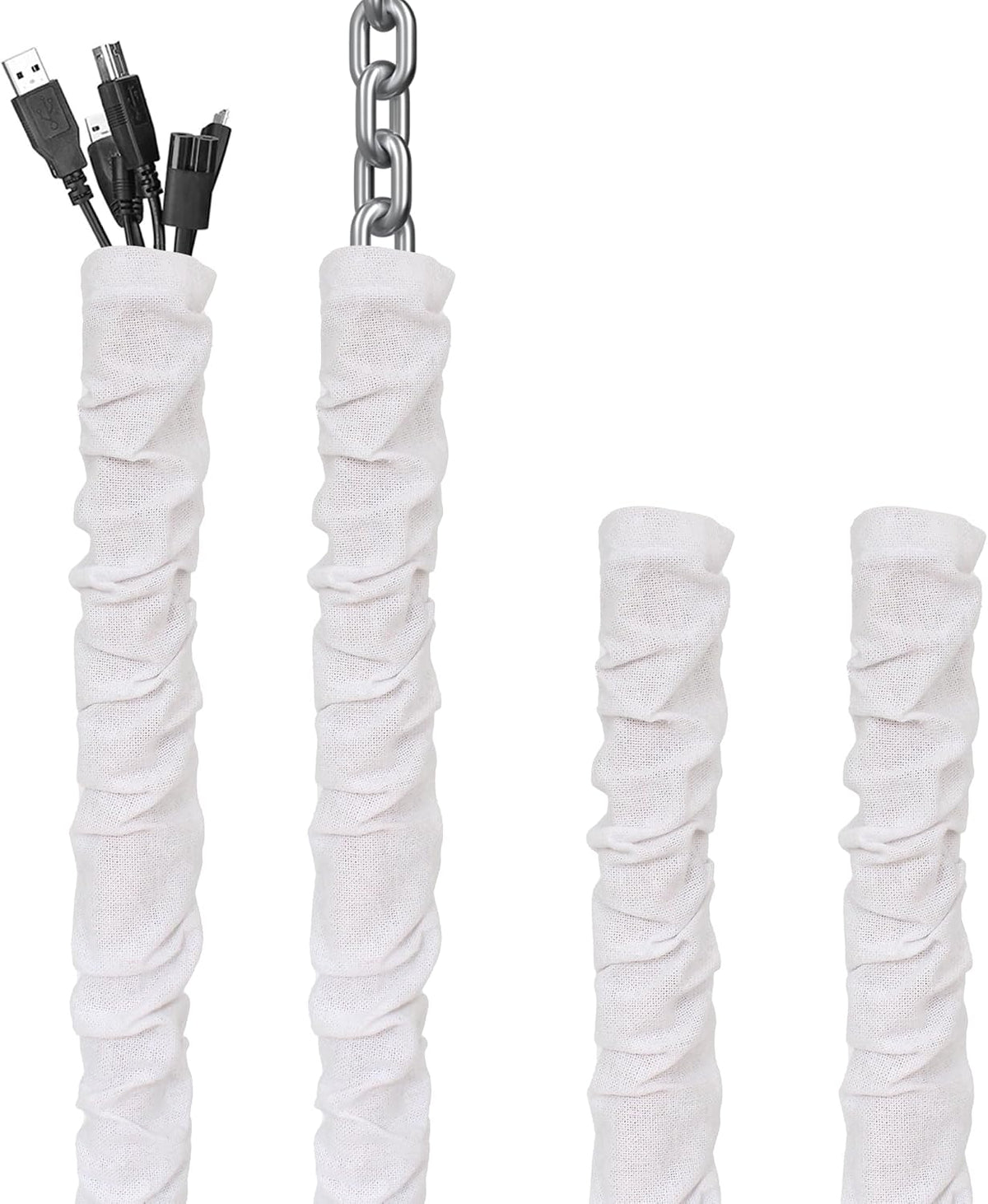 White Fabric Cord Cover, 2 Pcs 6 Feet and 2 Pcs 4 Feet Chain Cable Sleeve, Chandelier Lighting Wire Cord Cover for Lamps Light Fixtures Lighting Wires Cable Management, Pleat Effect