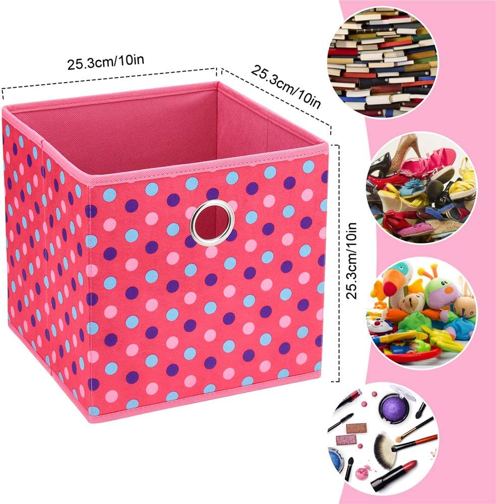 Collapsible Cloth Cube Storage Bins Polka Dot Fabric Girls Storage Pink Cube Bins Kids Storage Cubes Boxes Clothes Organizer Bin 10x10x10 Inches Foldable Storage Baskets ,QY-SC15-6