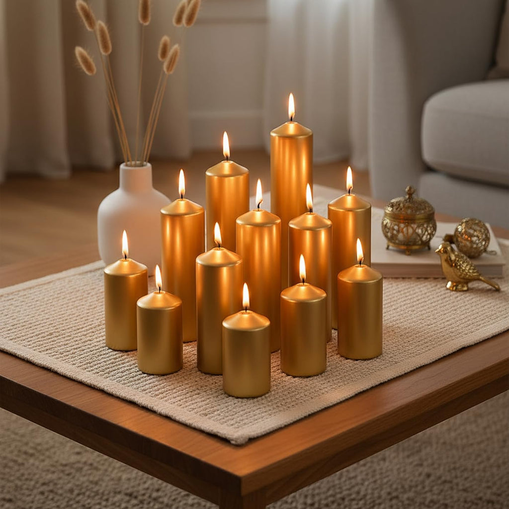 18 Pcs Gold Pillar Candles Bulk Set，Hurricane Candles，3 Different Lengths (6 Each)，Dripless Unscented Smokeless，Suitable for Decorating Christmas, Weddings, and Other Events！