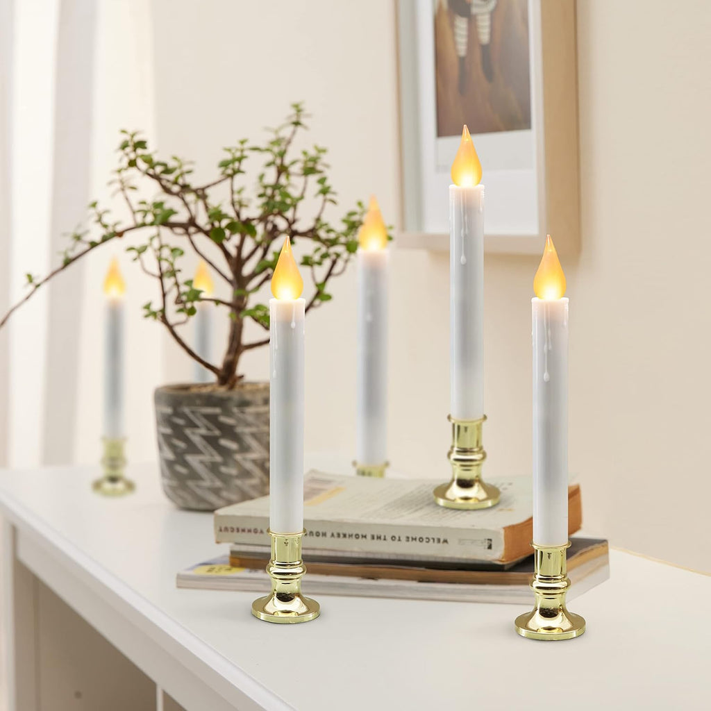 FURORA LIGHTING White 9.9" LED Taper Candles with Gold Holders, 6-Pack