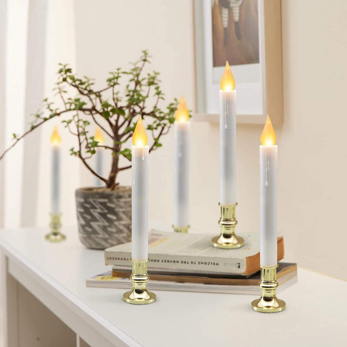FURORA LIGHTING White 9.9" LED Taper Candles with Gold Holders, 6-Pack