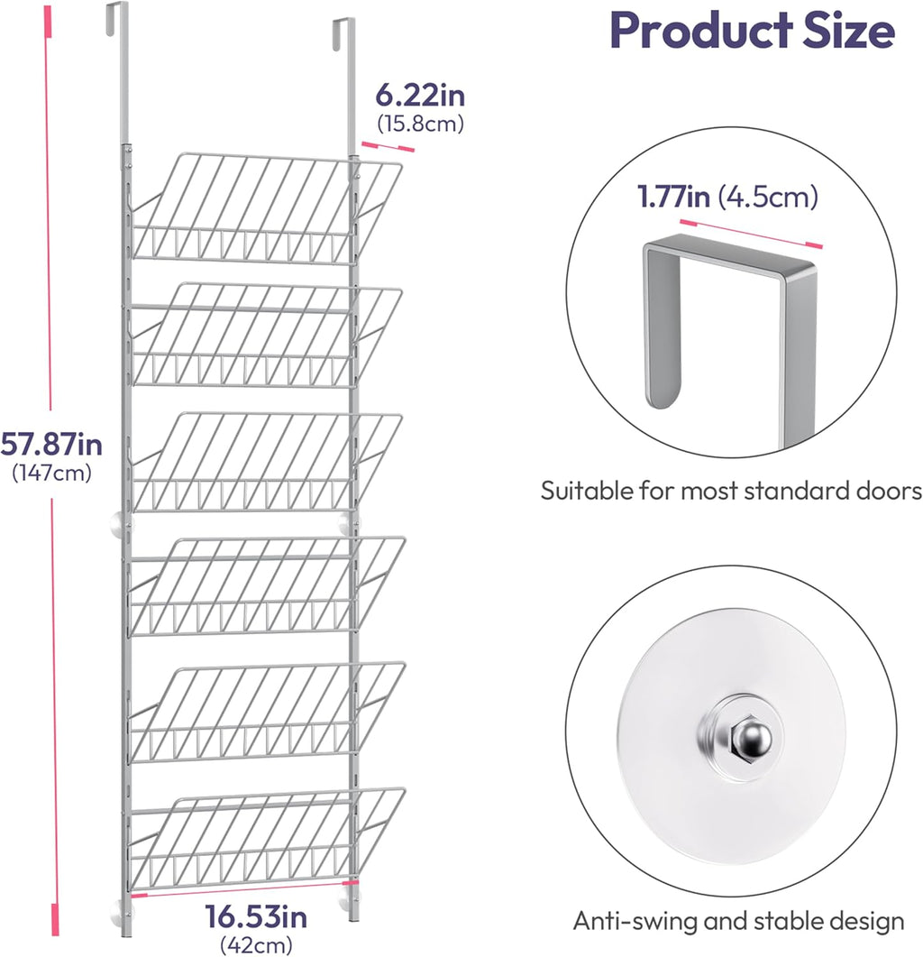 SWTYMIKI Over the Door Shoe Organizer - Adjustable 6 Tier Hanging Shoe Rack Organizer, Metal Heavy Duty Behind Door Storage or Wall Mount Shoes Shelf for Flats, Heels, Sneakers, Boots, Silver