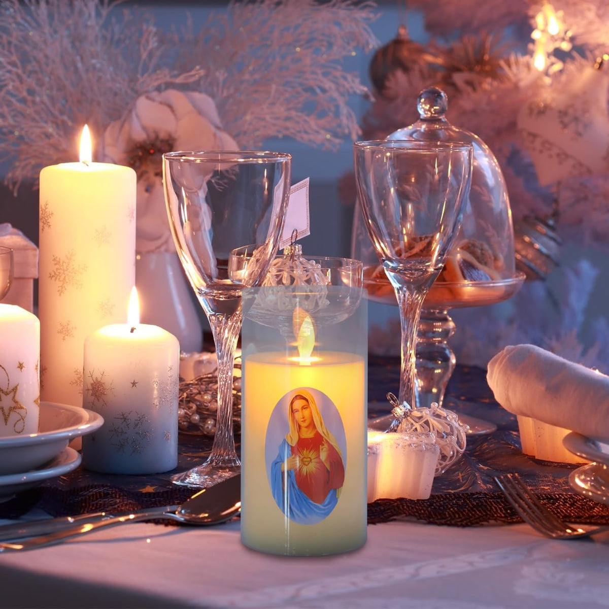 Angoily Virgin Mary LED Prayer Candle, Flameless Flickering Night Light