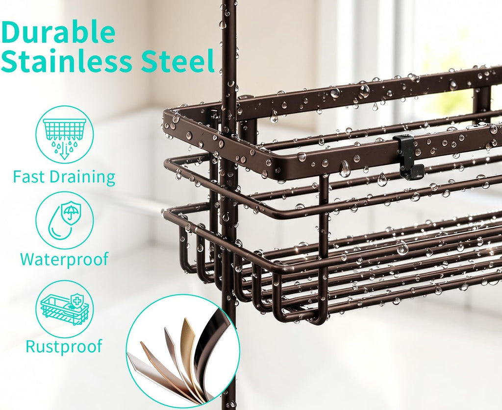 HapiRm Hanging Shower Caddy Organizer - No Drilling Shower Shelves with Hooks and Toothbrush Holder, Rustproof 304 Stainless Steel Bathroom Organizer - Bronze