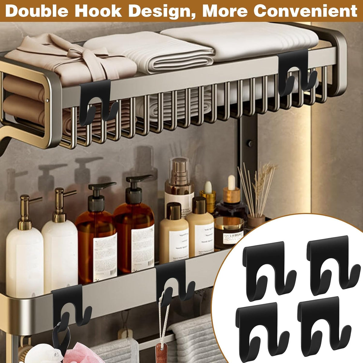 4Pcs Black Shower Caddy, Metal Shelf Basket Rack with Double Hooks for Loofah Sponge
