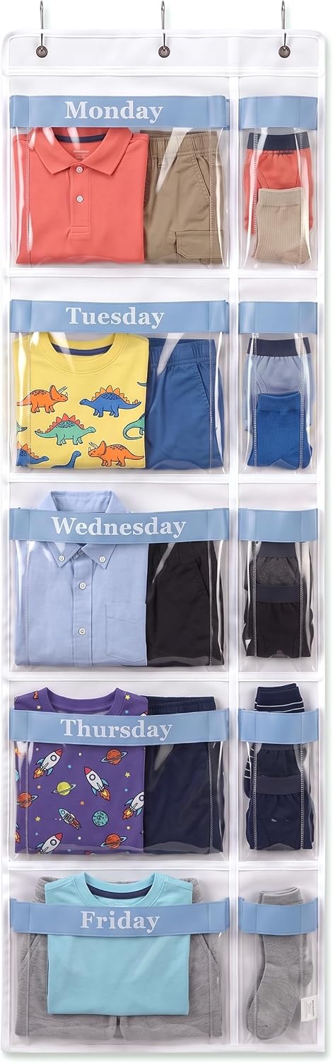 Over the Door Weekly Clothes Organizer for Kids, Days of the Week (Blue)