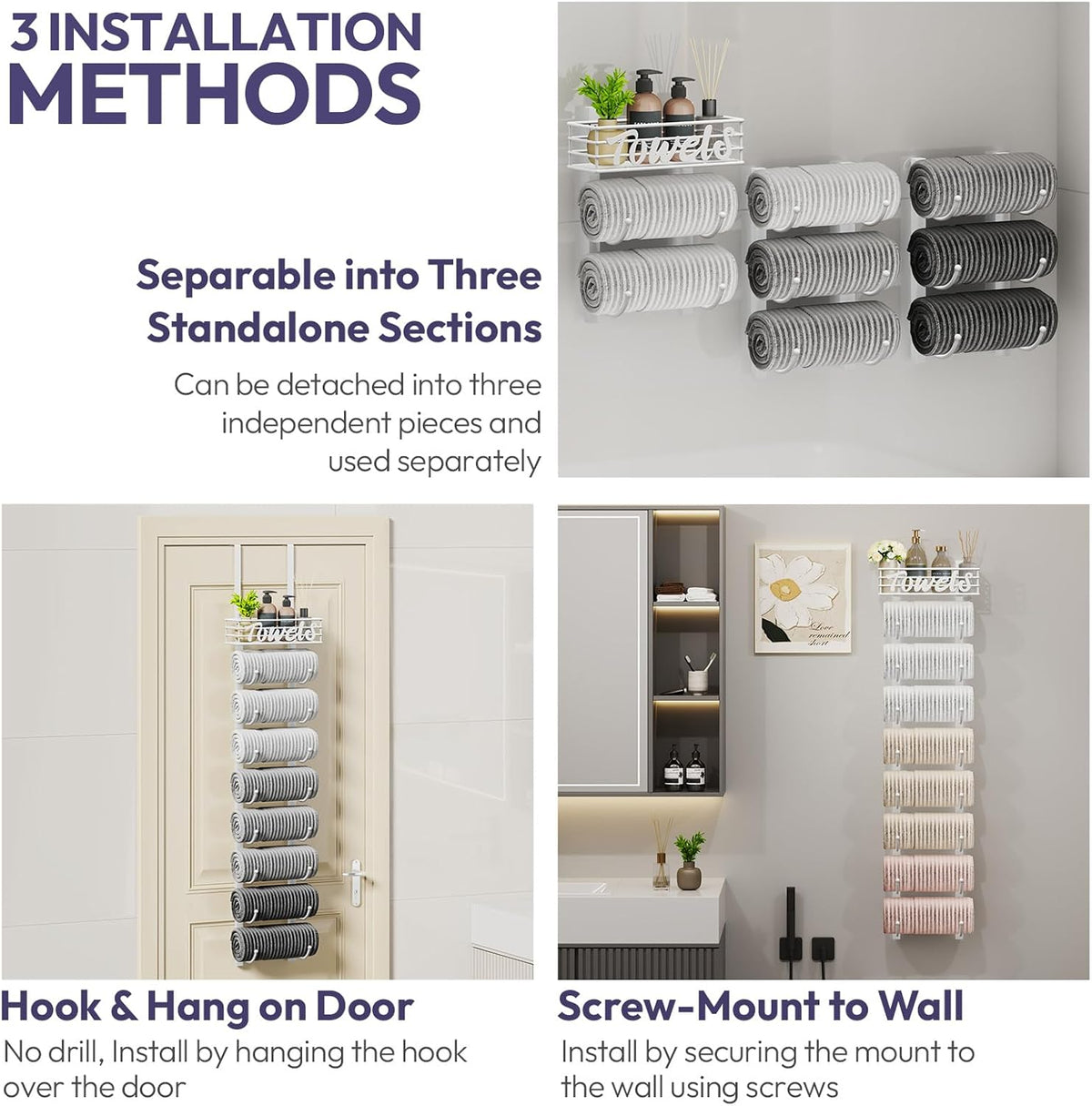SWTYMIKI Hanging Towel Racks for Bathroom - 9 Tier Over the Door & Wall Mounted Bath Rolled Towel Storage Organizer Holder for Small Bathroom, RV, Camper, White (Patented)