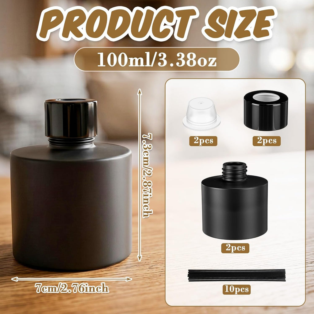 Chunful 2 Set Reed Diffuser Bottles, 100ml Glass Jars with Stick, Black