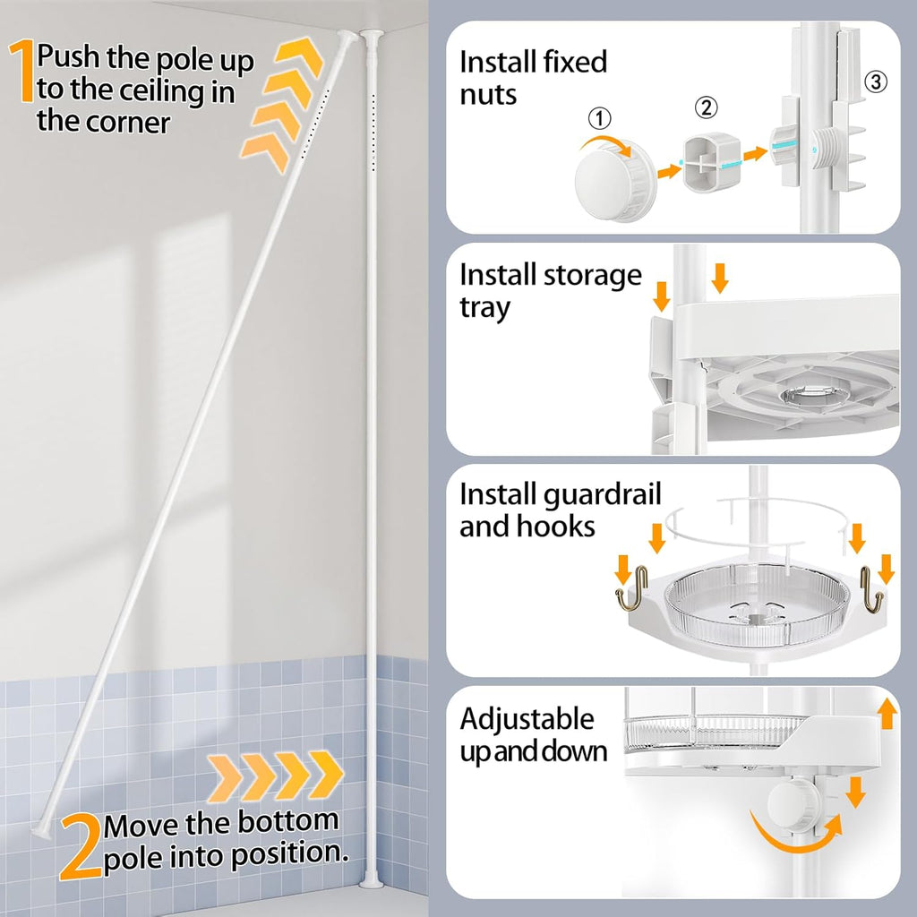 shuang qing 360° Rotating Corner Shower Caddy Tension Pole Organizer, White