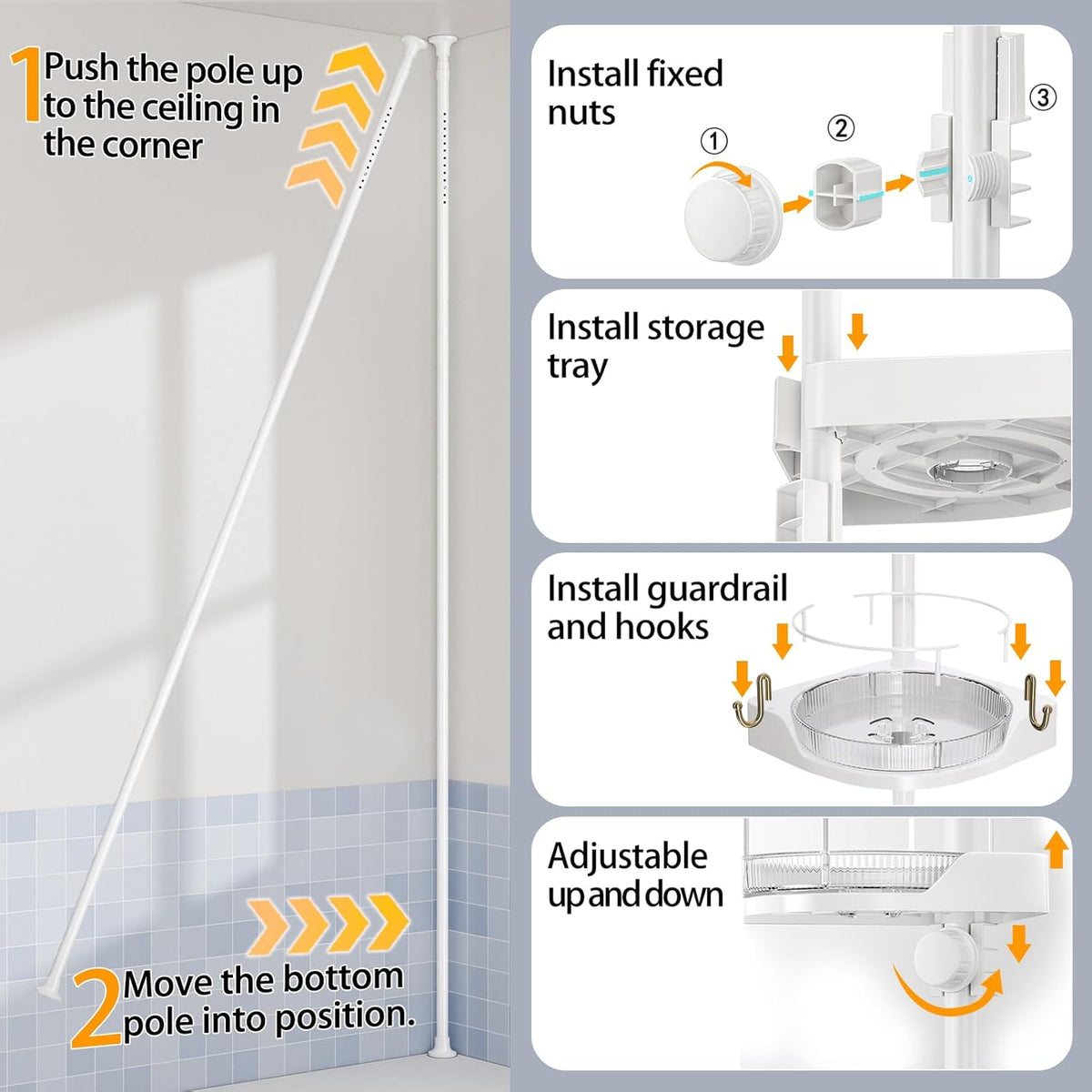 shuang qing 360° Rotating Corner Shower Caddy Tension Pole Organizer, White