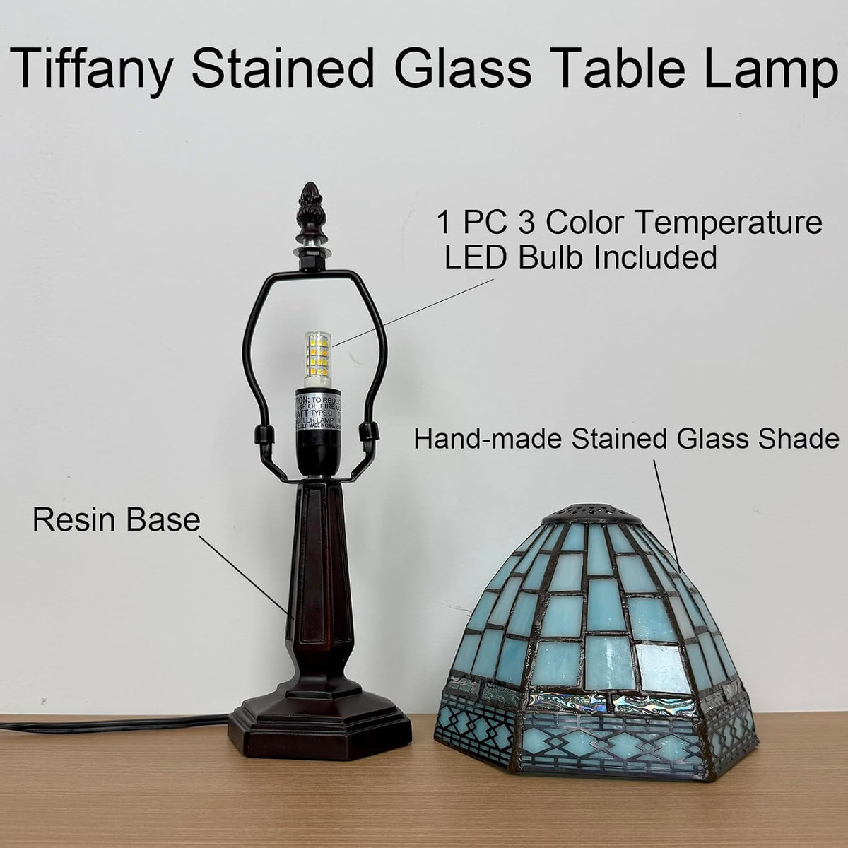 Small Tiffany Style Table Lamp,3 Color Temperature Grid Blue Stained Glass Table Lamps,Bedside Nightstand Night Light for Bedroom,Living Room, Dining Room W/LED Bulb,6X6X13Inch