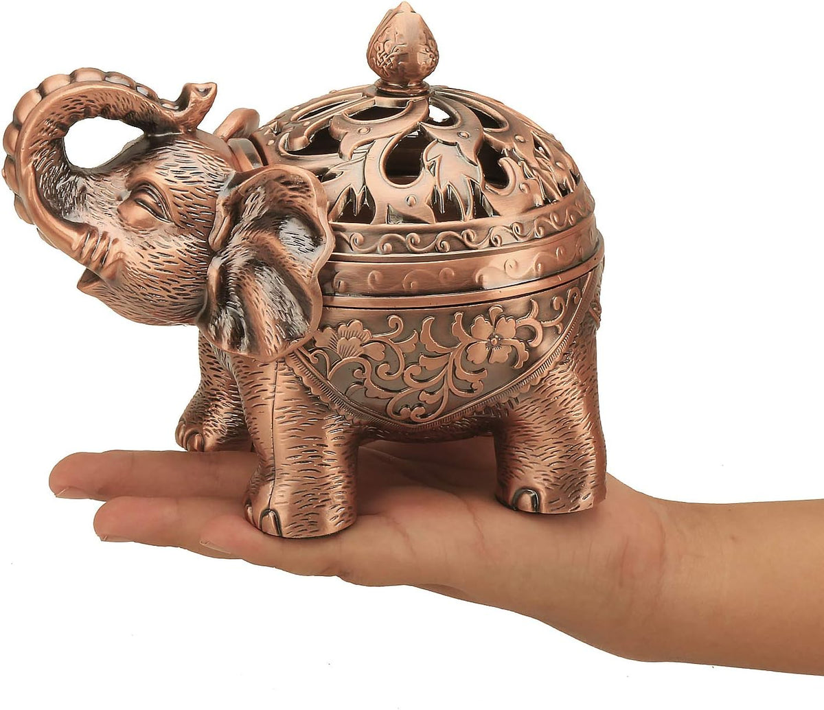 K COOL Alloy Incense Holder Stand Elephant Cone Coil Incense Burner Ash Catcher with Lid, Aromatherapy Ornament Home Decoration for Indoor Outdoor (Red Copper)
