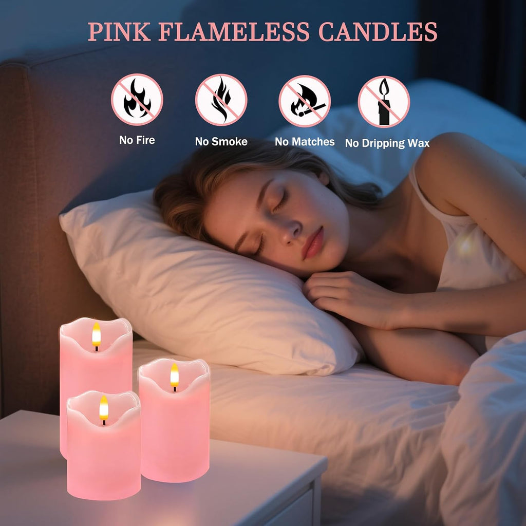 VEEKI Pink Flameless Candles Set of 3, Pastel Candles with Remote & Timer
