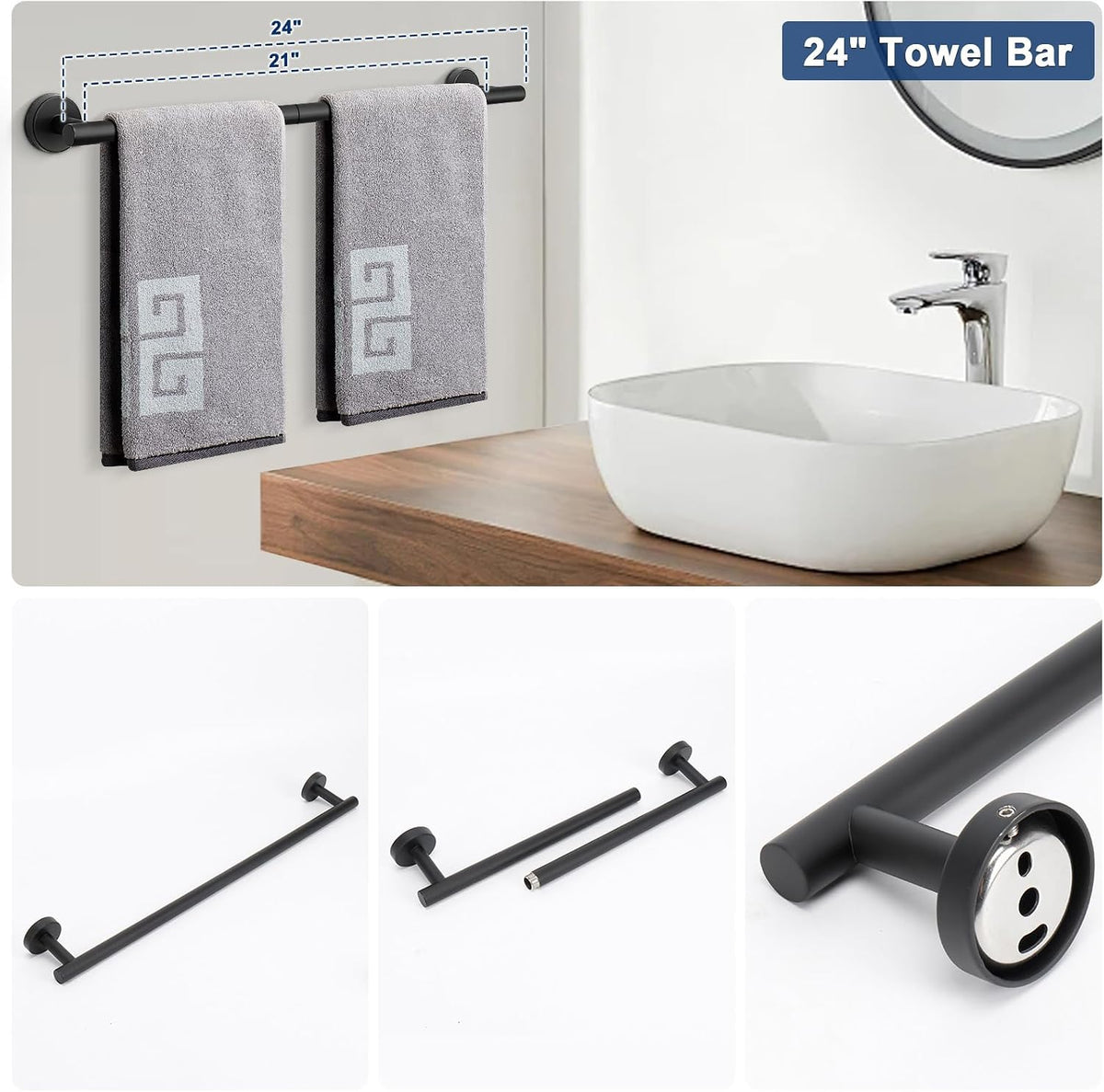 NearMoon 10 Pieces Bathroom Hardware Set SUS304 Thicken Stainless Steel-Towel Rack Kit Include 26" Towel Rod + Bath Towel Ring + Toilet Paper Holder + Robe Towel Hooks Bath Accessories (Matte Black)