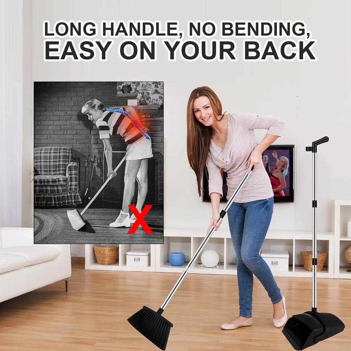 Black Broom and Dustpan Combo Set, 51" Long Handle Broom