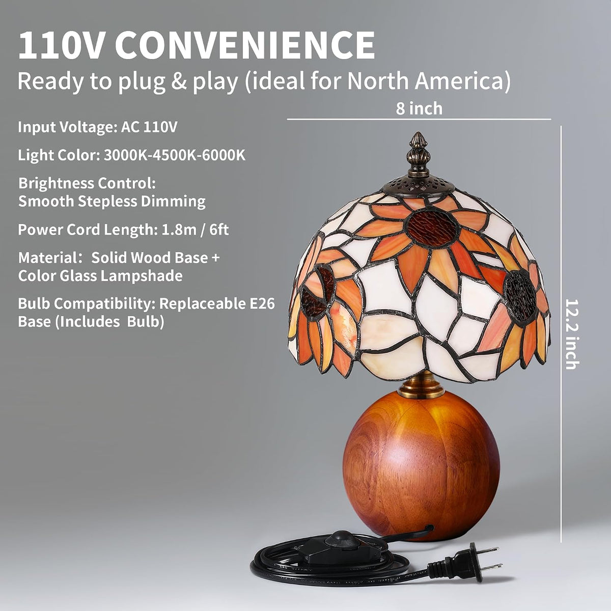 12.2" Retro Sunflower Tiffany Small Table Lamp with Wood Base