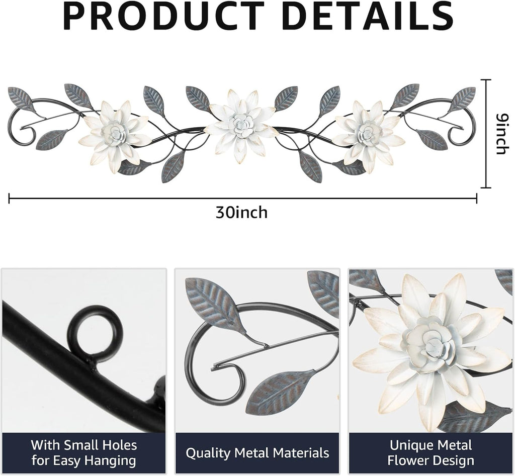 KHJCXS Metal Wall Art Modern Minimalist Metal Flowers Indoor Decor Horizontal Wall Art Iron Artwork,for Over Door,Bedroom,Living Room,Kitchen,Office Scroll Decor