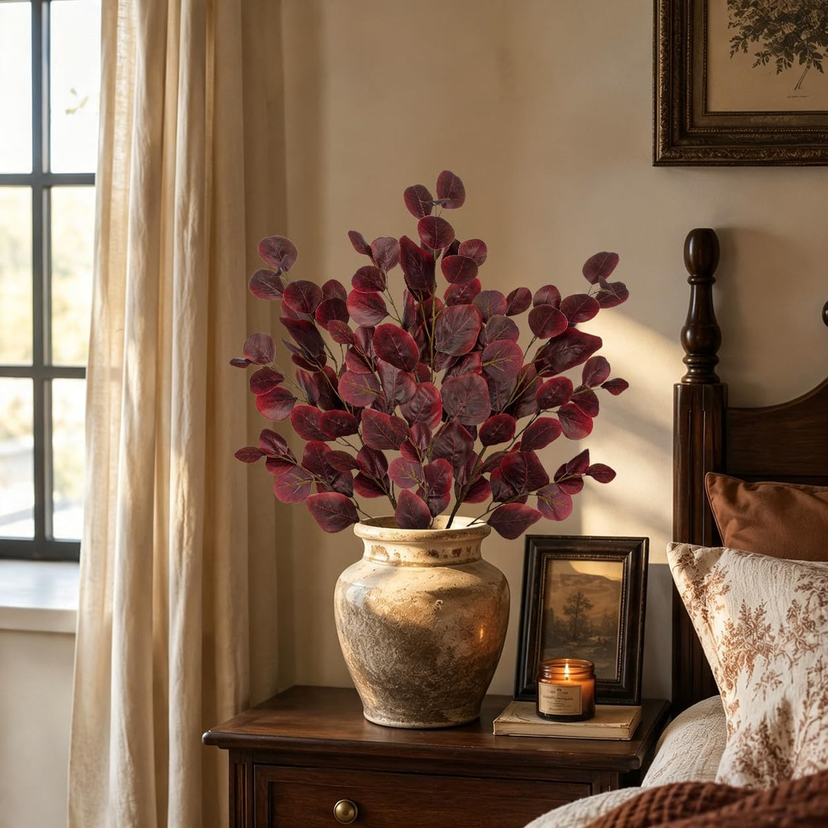 Hollyone 3Pcs Fall Eucalyptus Stems Artificial Eucalyptus Leaves Branches Fake Fall Flower Arrangements Red Leaf Long Stems Plants Autumn Faux Shrubs Bushes Thanksgiving Festival Decorations Burgundy
