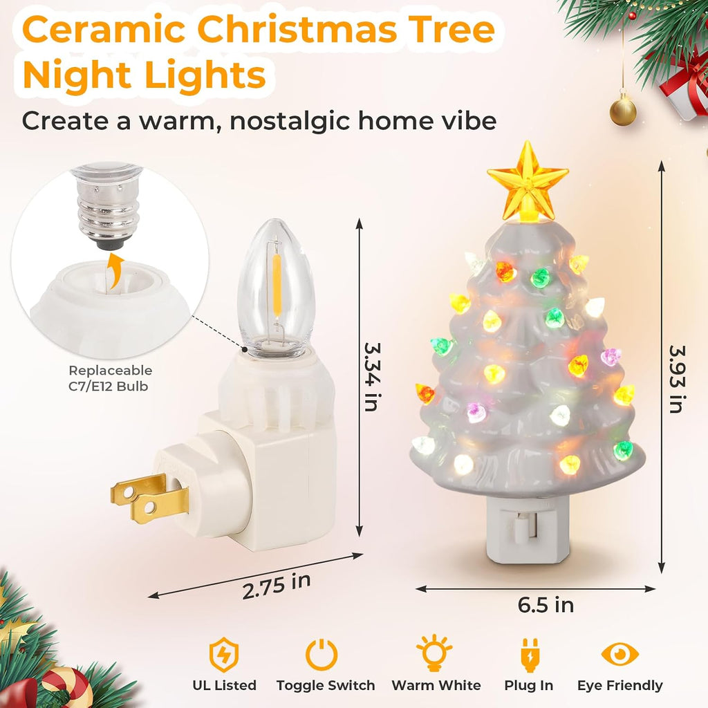 Brightever 2-Pack Ceramic Christmas Tree Night Lights, 6" H UL Certified C7 Christmas Nightlight Plug into Wall with Multicolor Bulbs, On/Off Switch, Vintage Xmas Decor for Bathroom, Bedroom - White