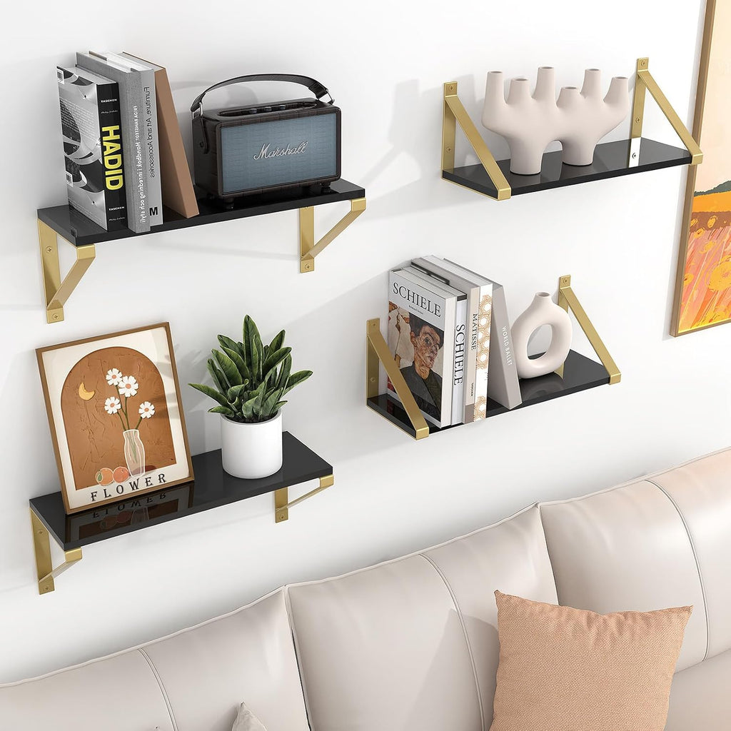 Gold Black Floating Shelves Wall Mounted Set of 2, 8mm Transparent Acrylic, Invisible Wall Shelves for Bedroom, Living Room, Bathroom, Kitchen, Office Display Decor (13in)