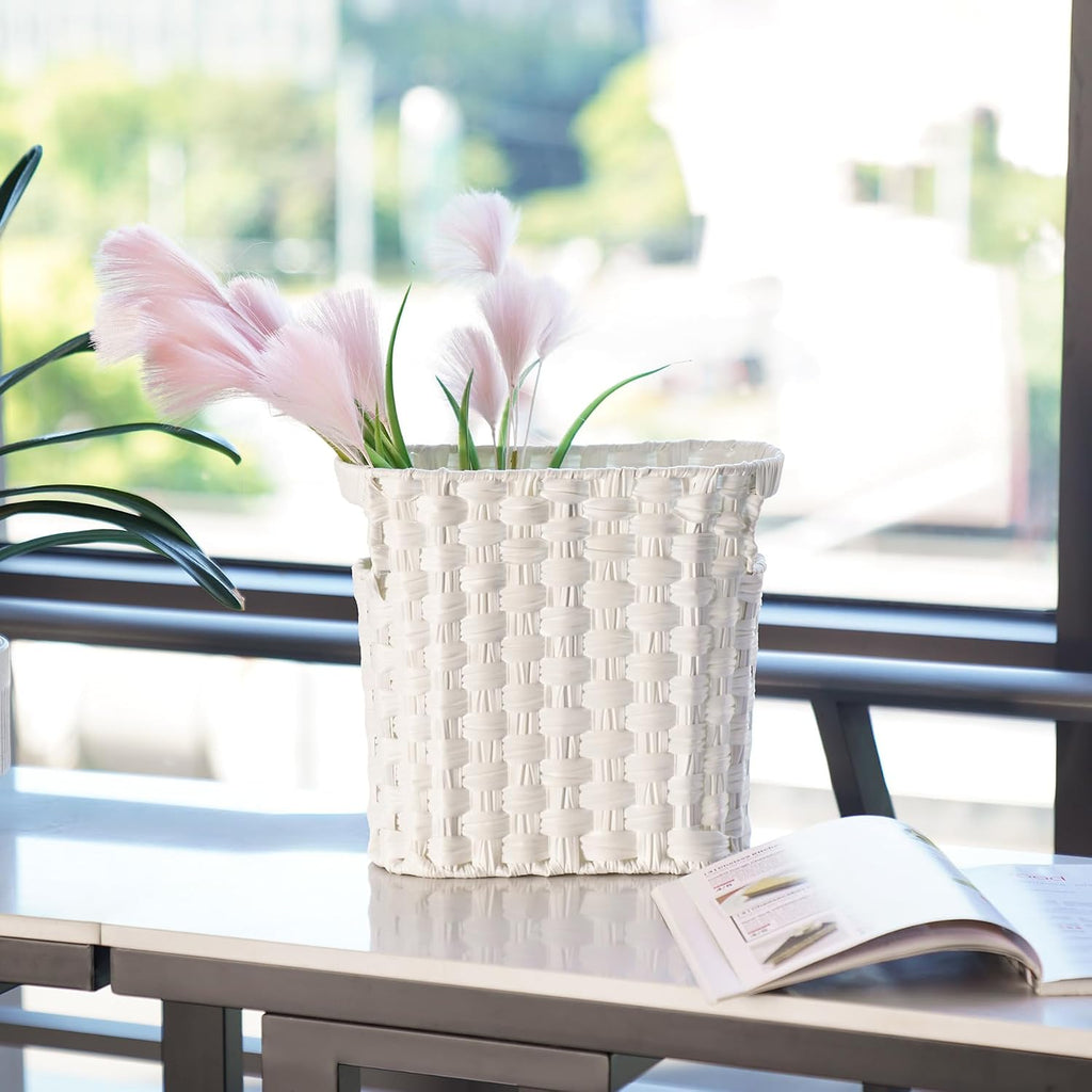 Wicker Waste Basket with Built-in Handles, Multifunctional Mini Basket for Home and Office, Compact Design and Durable Construction with Fine Artisanal Craftsmanship (White)