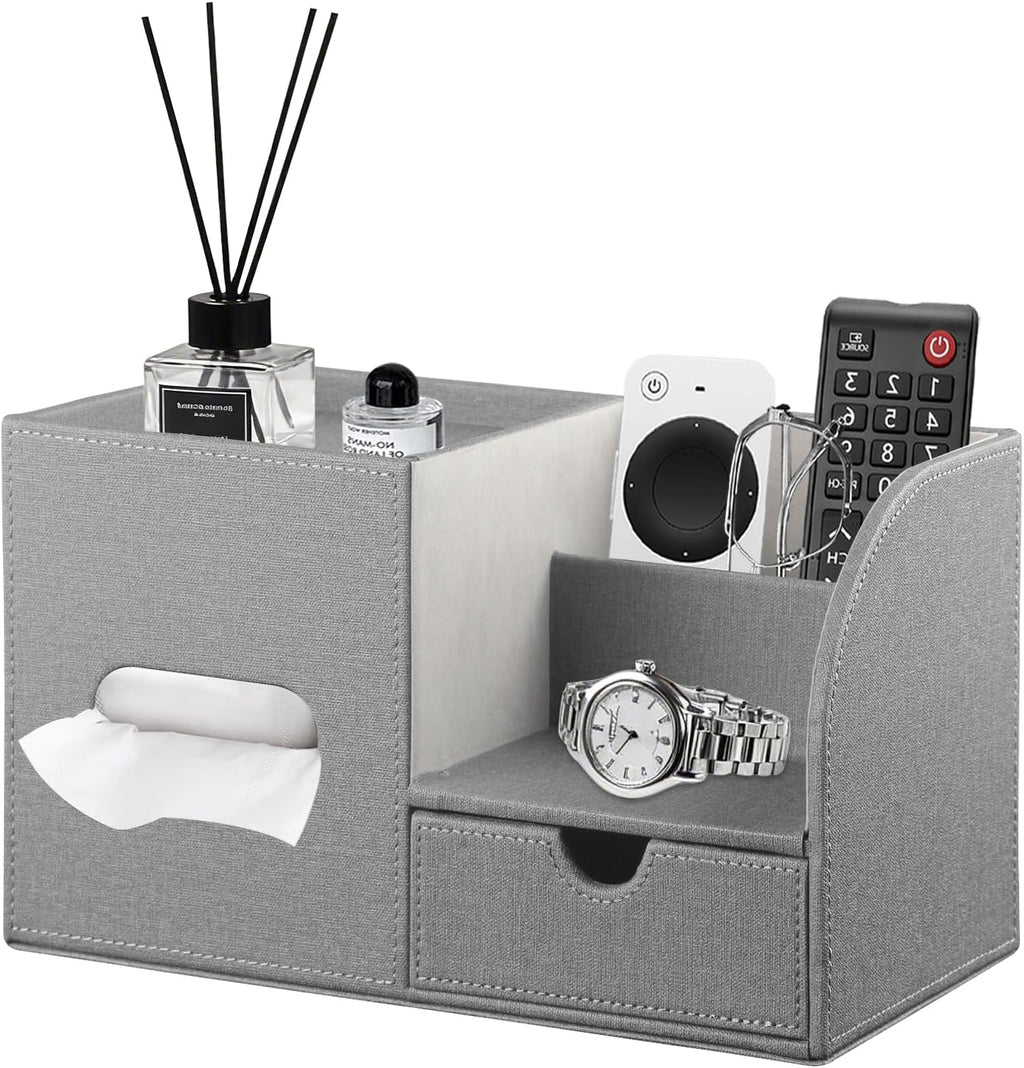 PU Leather Tissue Box Cover Square with Drawer Storage and Tray on Top