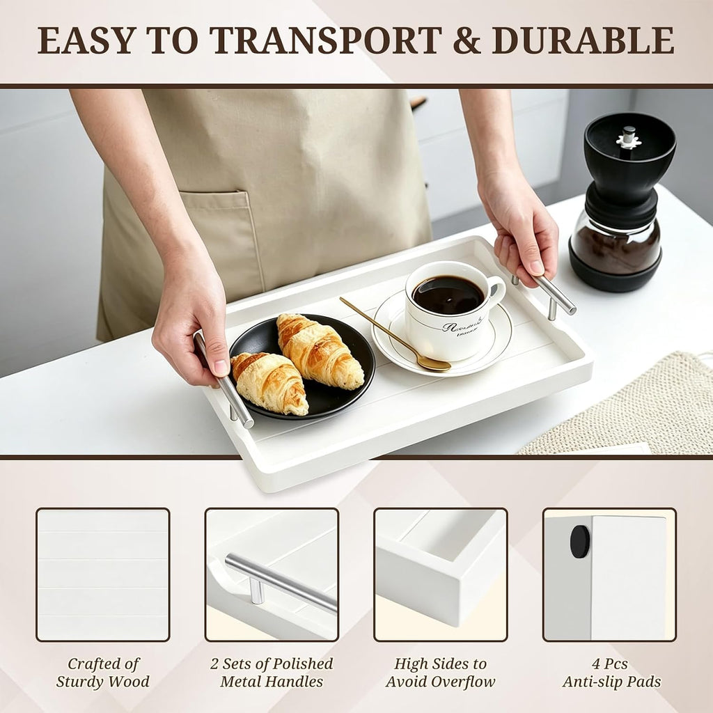 SXNOWS Set of 2 Wood Serving Trays with Black and Silver Handles