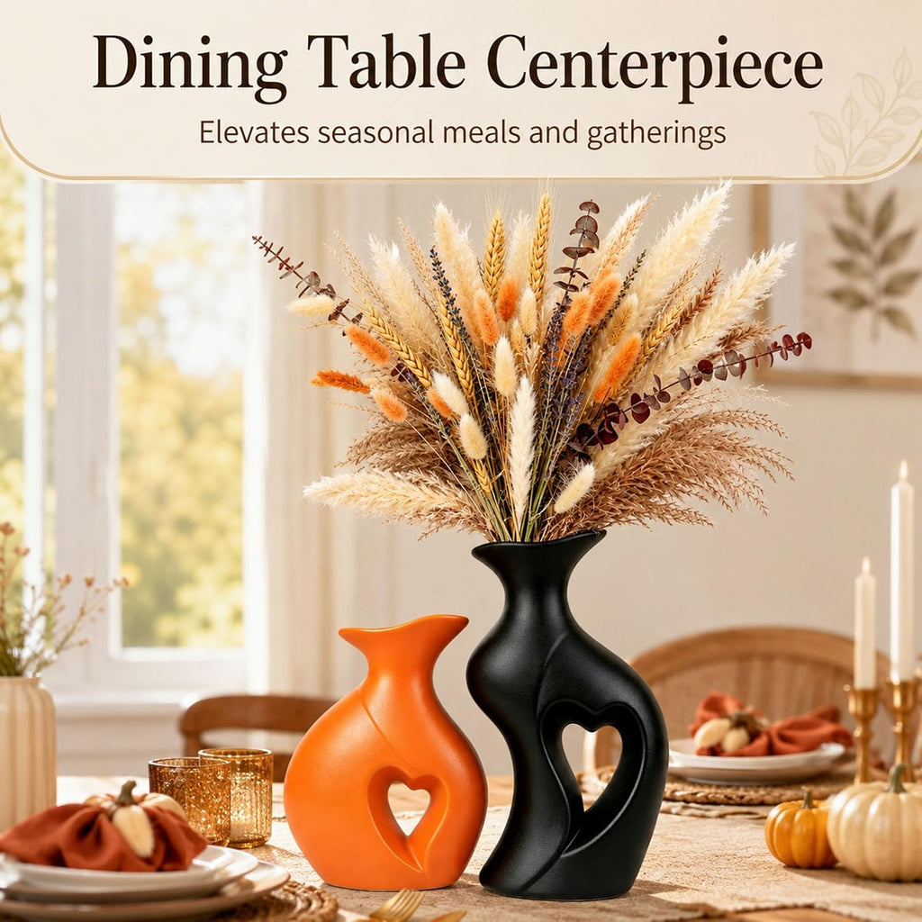 Fall Ceramic Vases Heart Shaped Vase Set of 2 (Orange & Black)