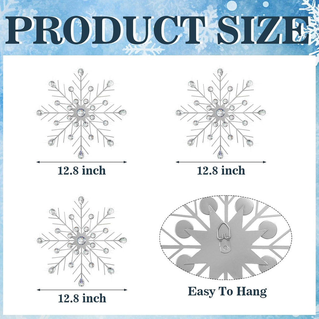 ZEXUIRU 3 Set Snowflake Wall Decor Living Room Bedroom Entryway Metal Bling, Crystal Rhinestone Starburst Sunburst Sparkling Wall Art Decor Silver Metal Christmas Decoration-Silver 13in
