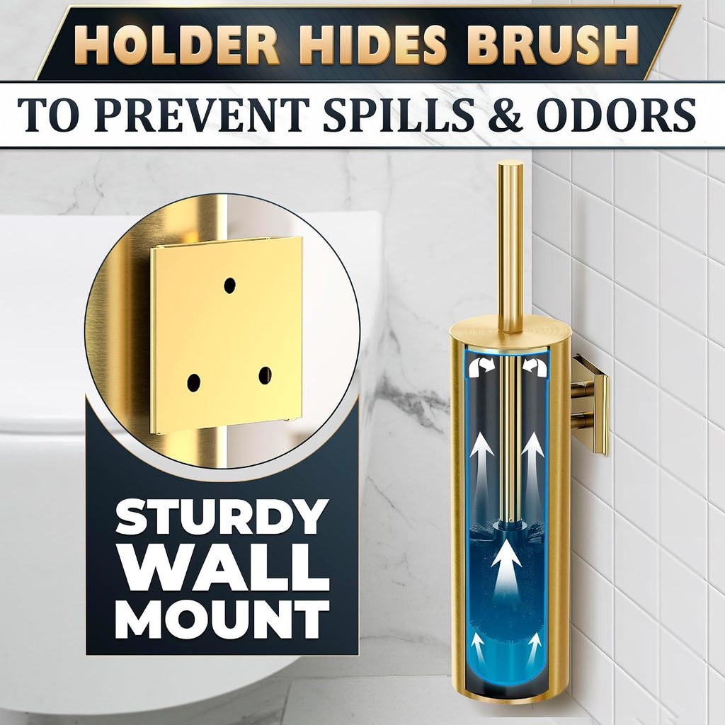Brushed Gold Toilet Brush and Holder Set, Wall Mounted Toilet Brush Holder