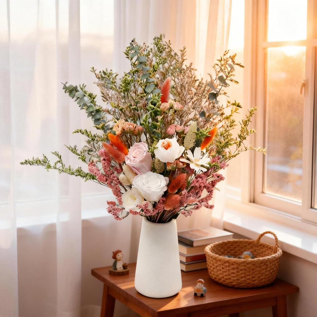 17" Dried Flower Bouquets with Vase Included, 100% Natural Dried Flowers with Forever Pink Roses,Bunny Tails,Eucalyptus Rustic Boho Decor for Home,Party Fall Decor