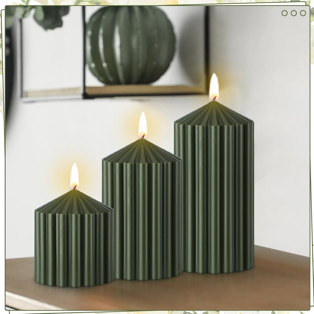 Conelist Set of 3 Moss Green Ribbed Pillar Candles Soy Wax Scented Candles