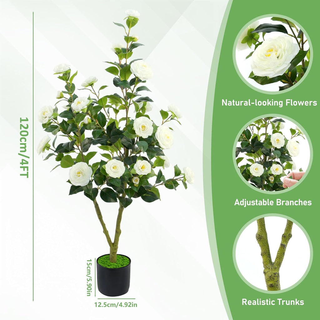 Artificial Camellia Tree, 4FT White Faux Camellia Plant Indoor, Realistic Artificial Tree with Flowers for Home Office Living Room Bedroom Outdoor Porch Patio Yard Garden Housewarming Decor