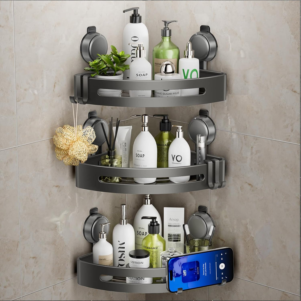 Corner Shower Caddy Suction Cup,Shower Shelves with Hooks,No Drilling Powerful Upgrade Suction Bathroom Corner Organizers and Storage,Removable Waterproof Rustproof Shower Shelf Bathroom Decor(3)