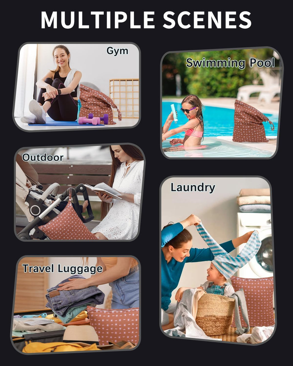 babygoal Travel Laundry Bags 2 Pack, Ideal for Travel, Gym and Swimming-Washable Waterproof Wet Dry Bags for Dirty Clothes, Bathing Suits and Swimsuits(black and grey)